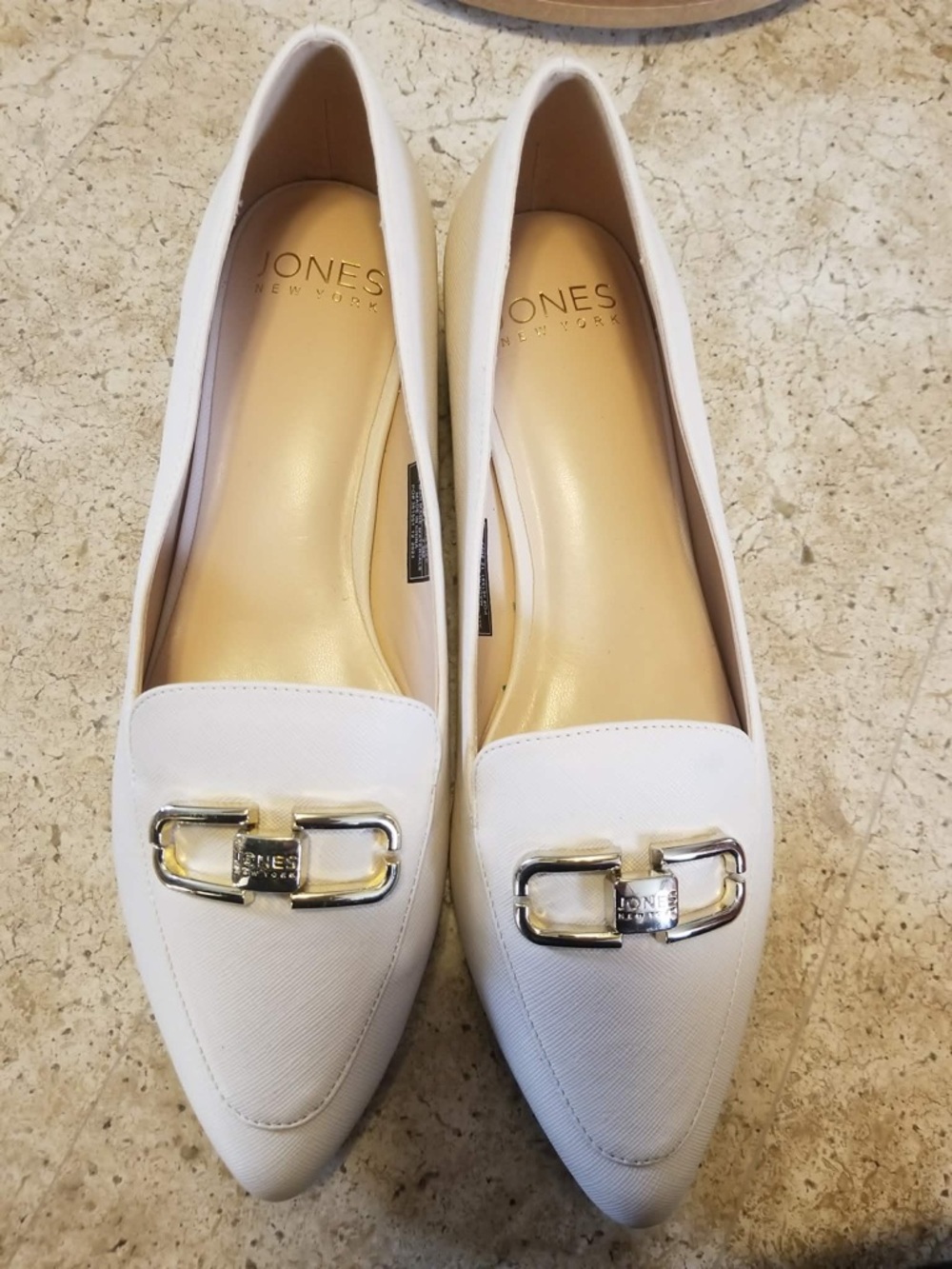 Jones New York White Pointed Toe Loafers with Silver Buckle